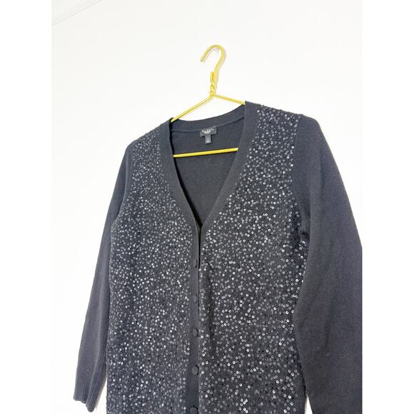 NWOT Talbots Sequined Rib knit Trim Cardigan Size Small Black Wool Blend Preppy - Picture 7 of 11
